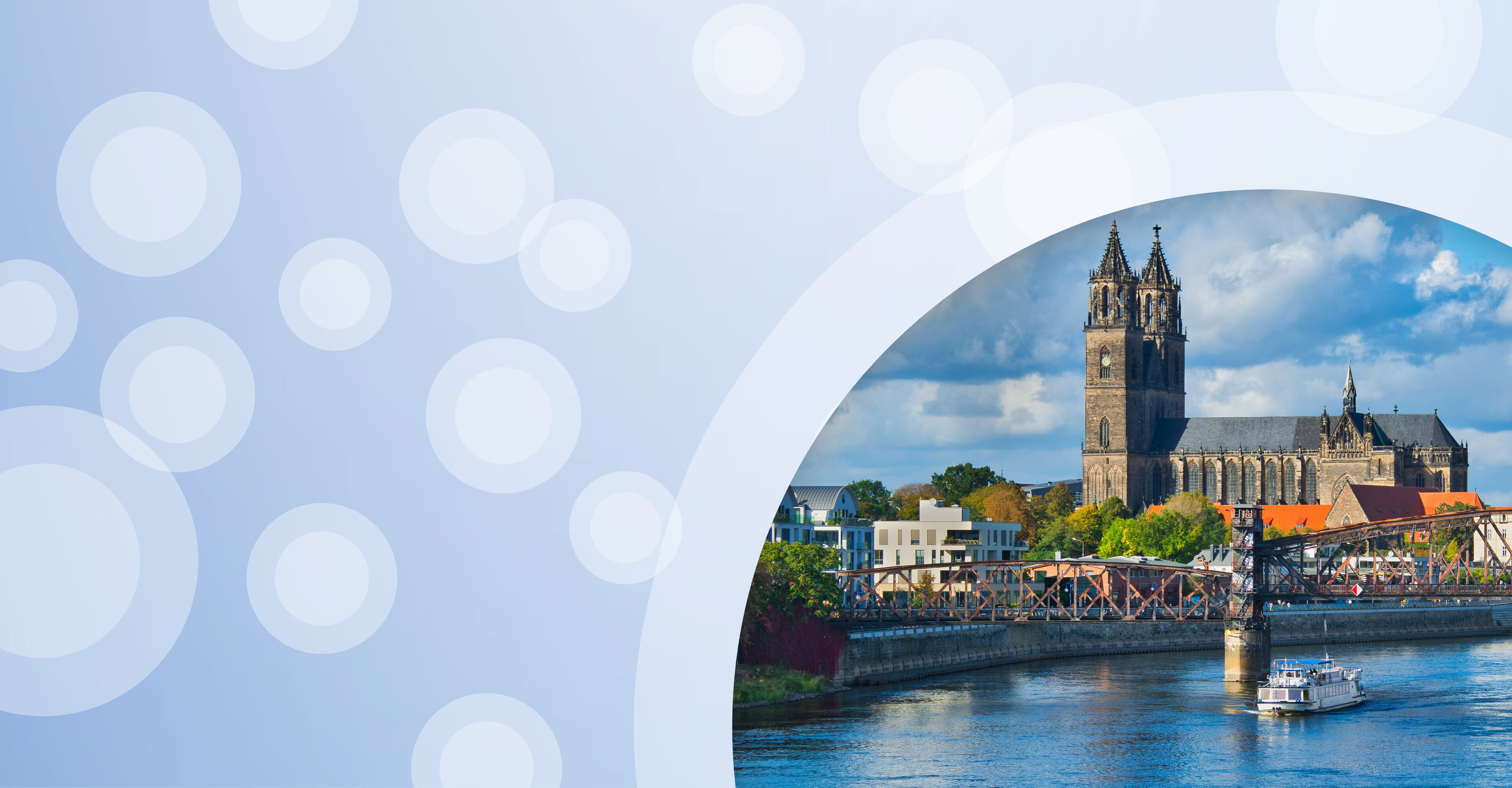 Regionalgrafik in hellblau mit halbtransparenten weißen Kreisen und Foto vom Magdeburger Dom