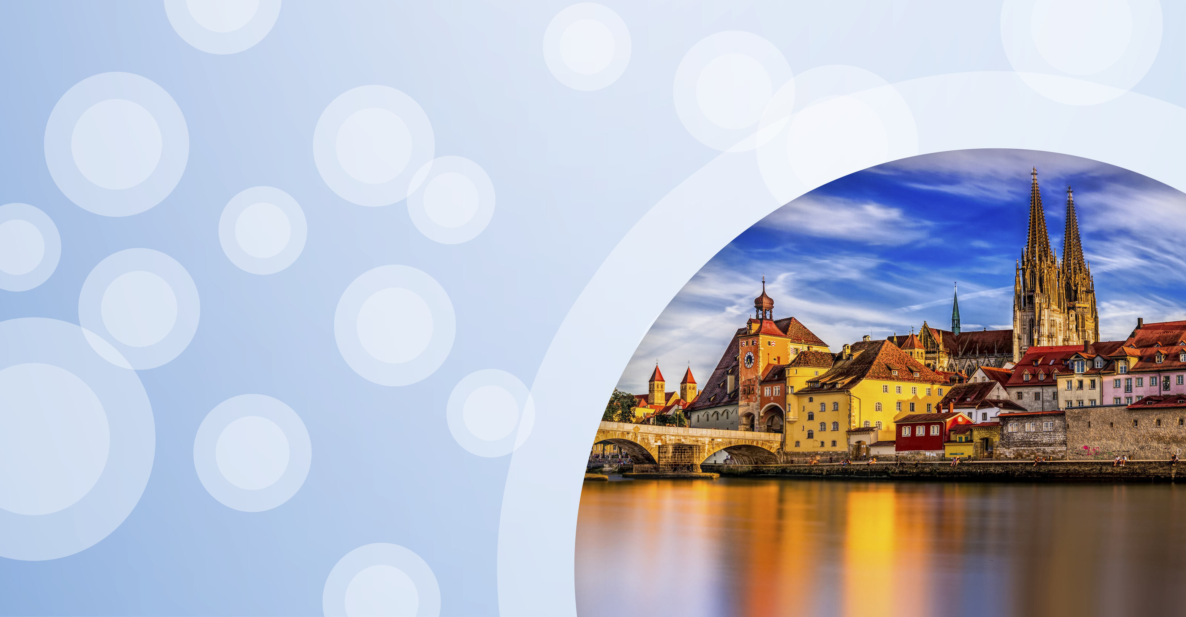 Regionalgrafik in hellblau mit halbtransparenten weißen Kreisen und Foto von Regensburg an der Donau