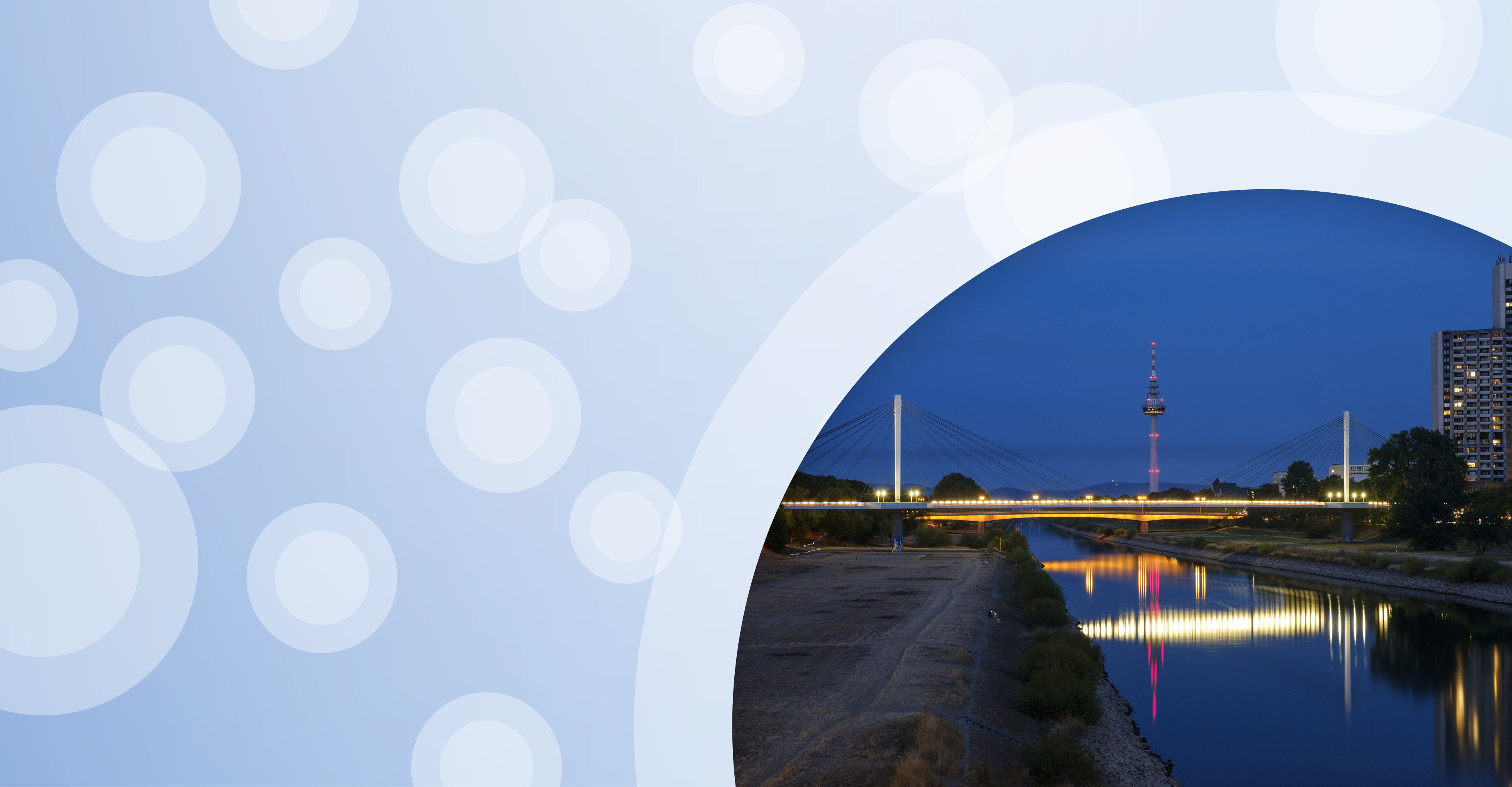 Regionalgrafik in hellblau mit halbtransparenten weißen Kreisen und Foto von Neckarbrücke in Mannheim