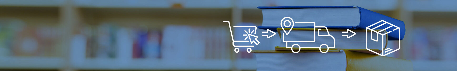 Buchbestellprozess, mit Einkaufswagen, Transporter und Paket