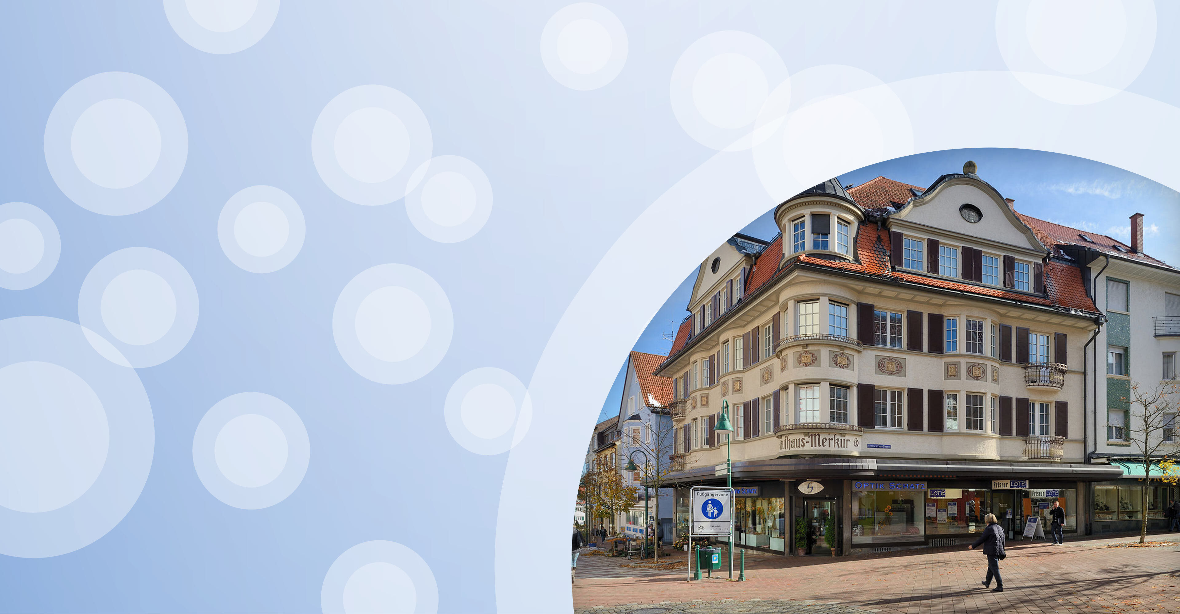 Regionalgrafik in hellblau mit halbtransparenten weißen Kreisen und Foto von historischem Gebäude in Villingen-Schwenningen