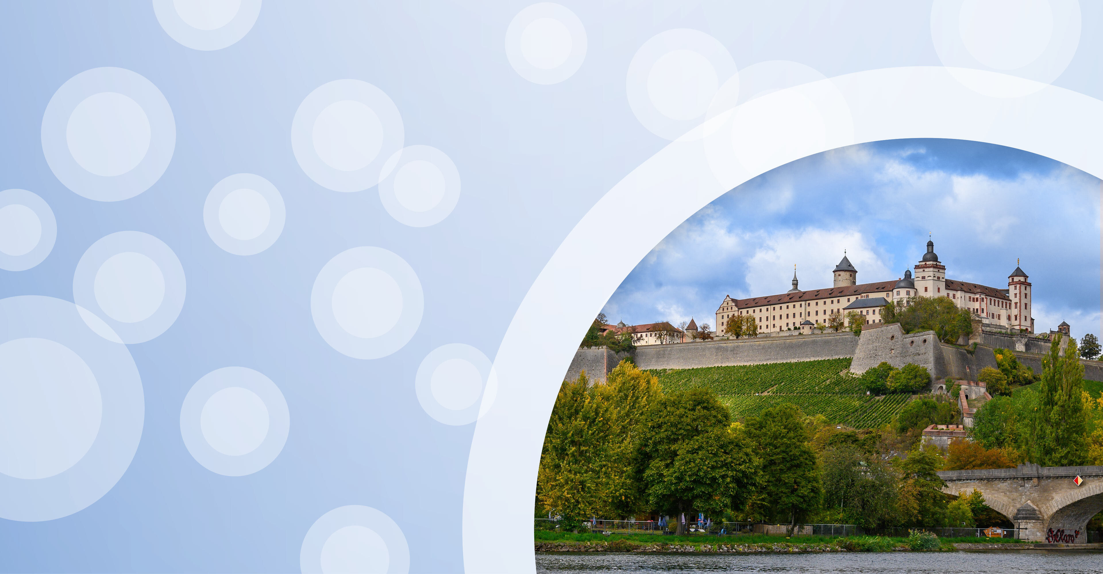 Regionalgrafik in hellblau mit halbtransparenten weißen Kreisen und Foto von der Burg in Würzburg