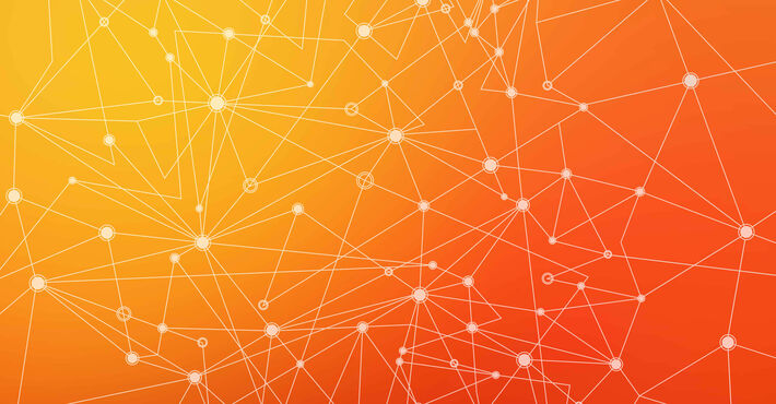 Vernetzungslinien mit Knotenpunkten auf orangefarbenem Hintergrund