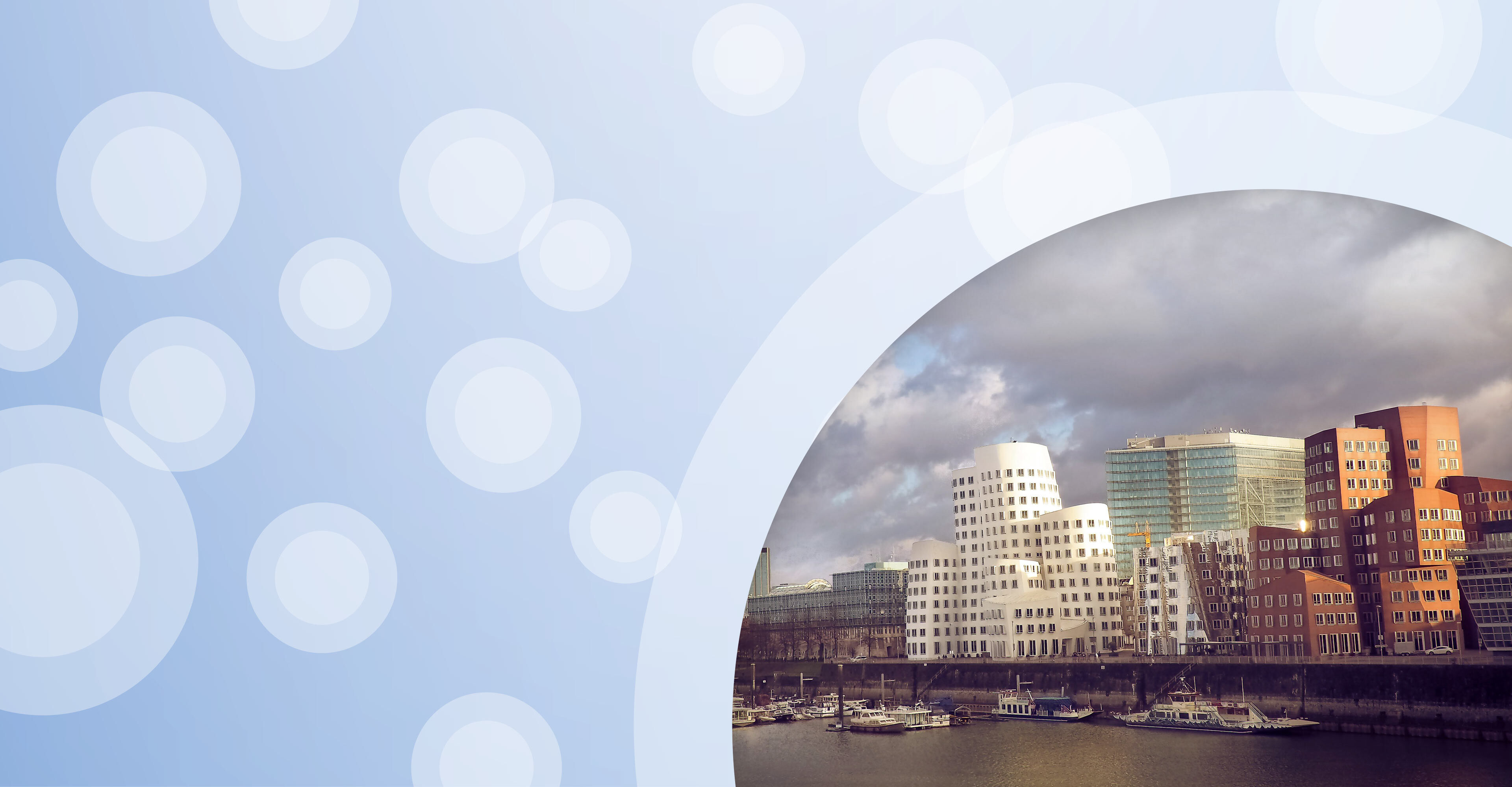 Regionalgrafik in hellblau mit halbtransparenten weißen Kreisen und Foto von moderner Düsseldorfer Architektur am Rhein