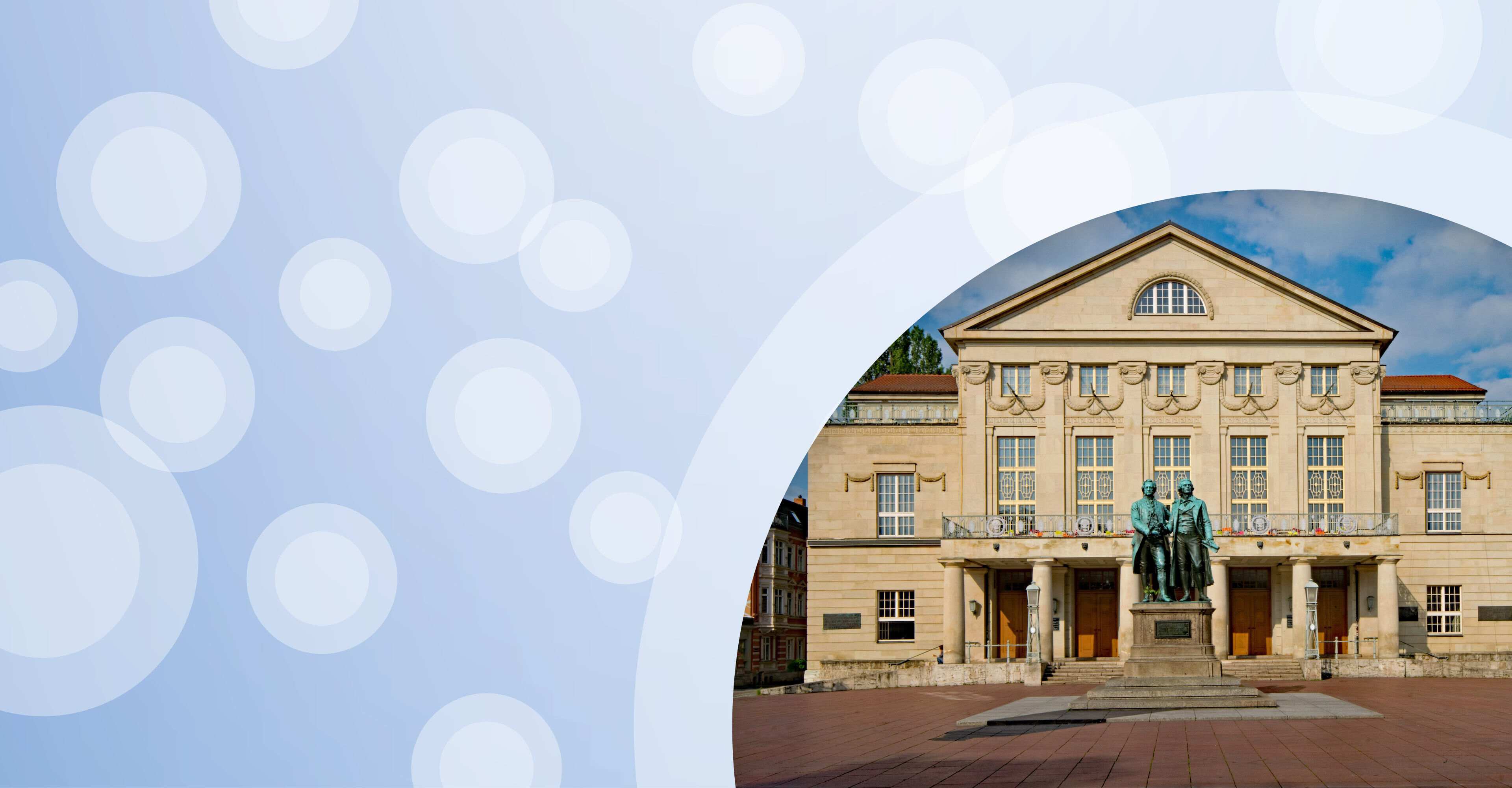 Regionalgrafik in hellblau mit halbtransparenten weißen Kreisen und Foto vom deutschen Nationaltheater in Weimar