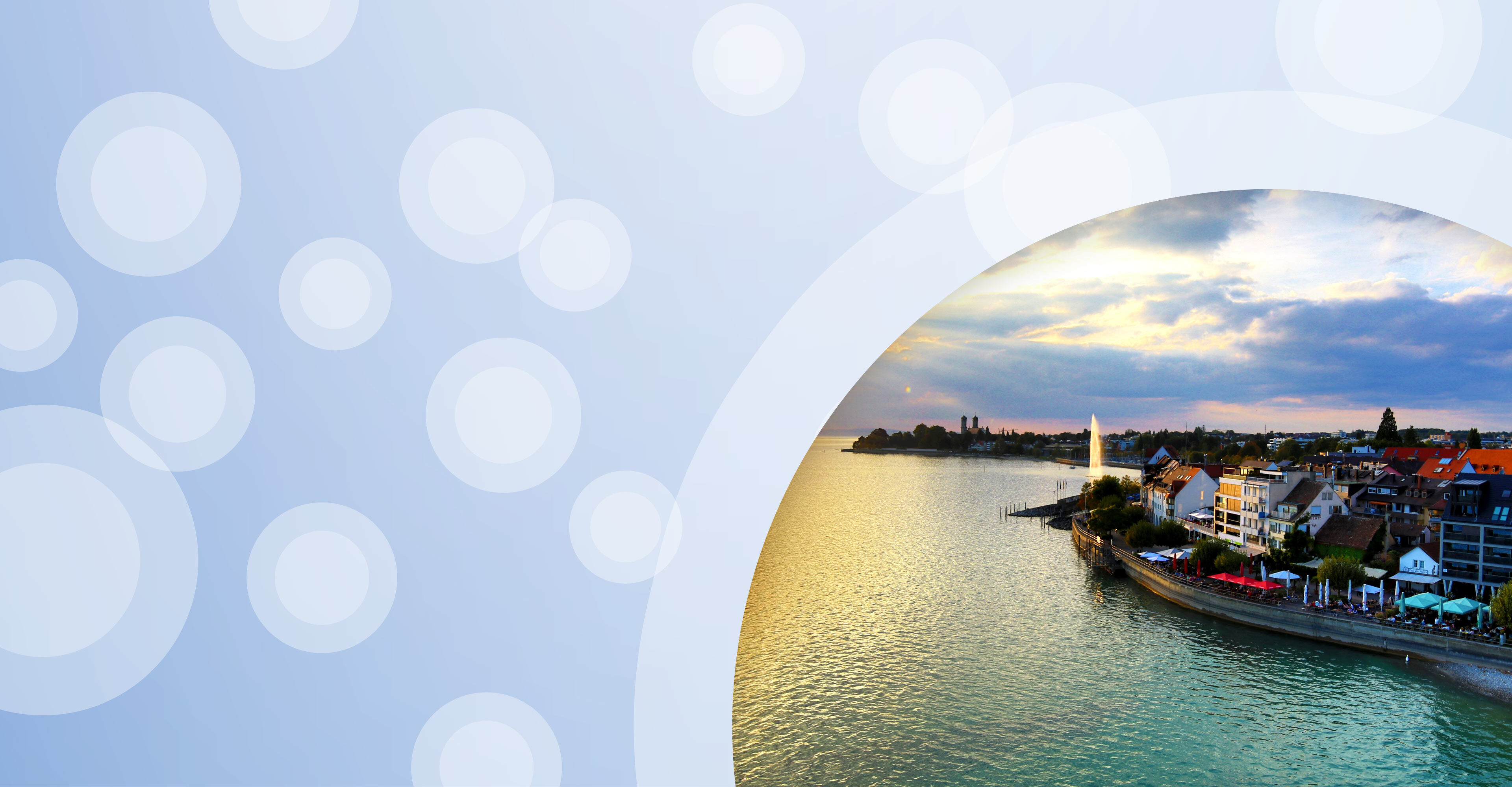 Regionalgrafik in hellblau mit halbtransparenten weißen Kreisen und Foto der Seepromenade in Friedrichshafen