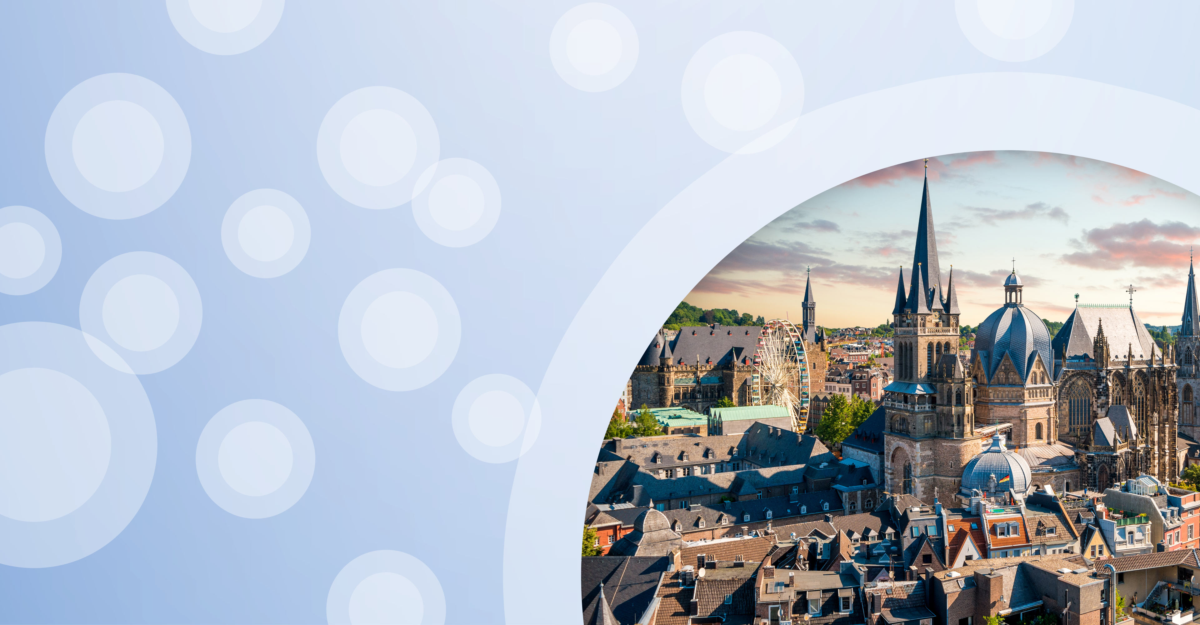 Regionalgrafik in hellblau mit halbtransparenten weißen Kreisen und Luftaufnahme vom Aachener Dom