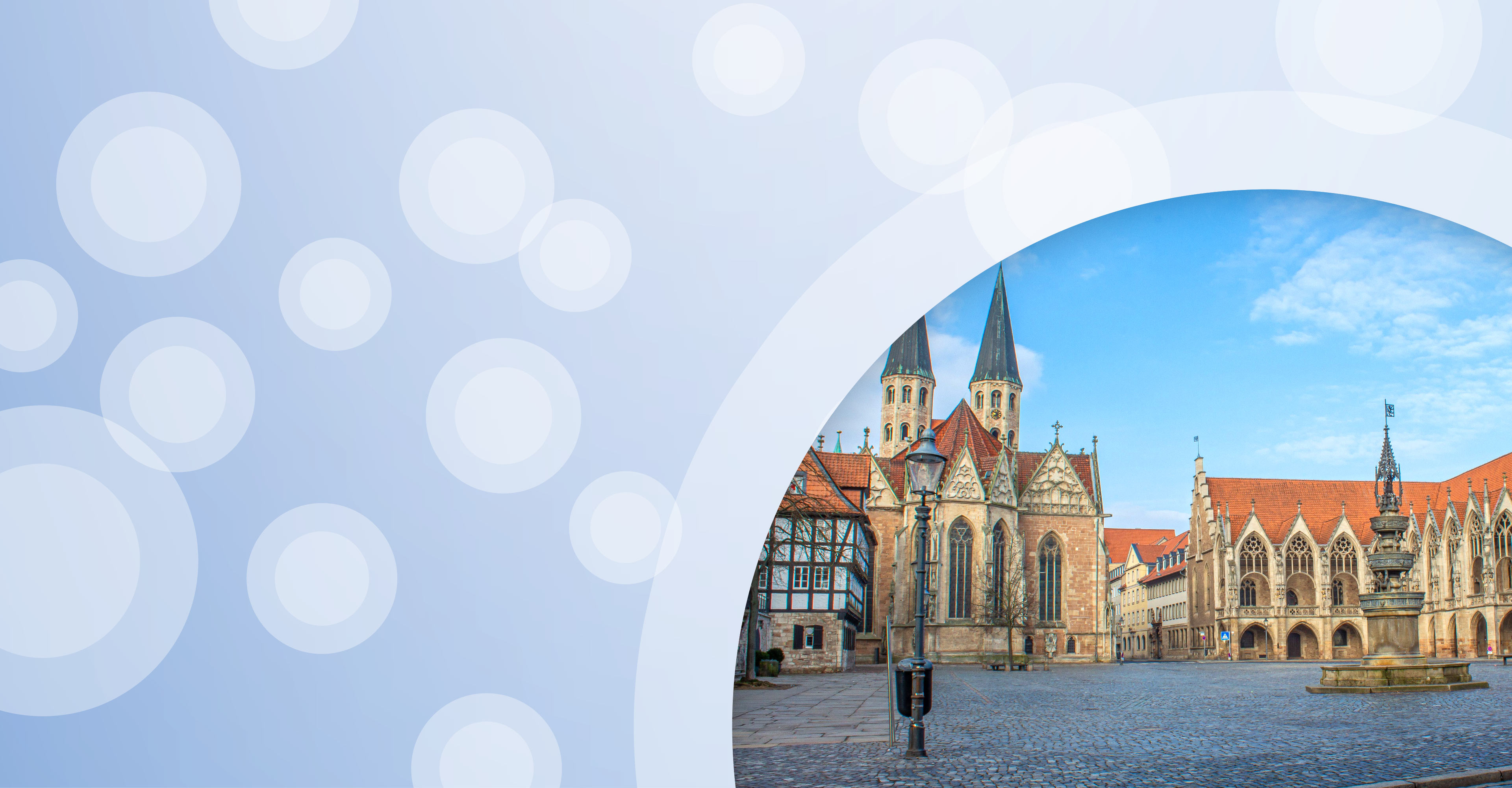 Regionalgrafik in hellblau mit halbtransparenten weißen Kreisen und Foto von Baunschweiger Altstadt