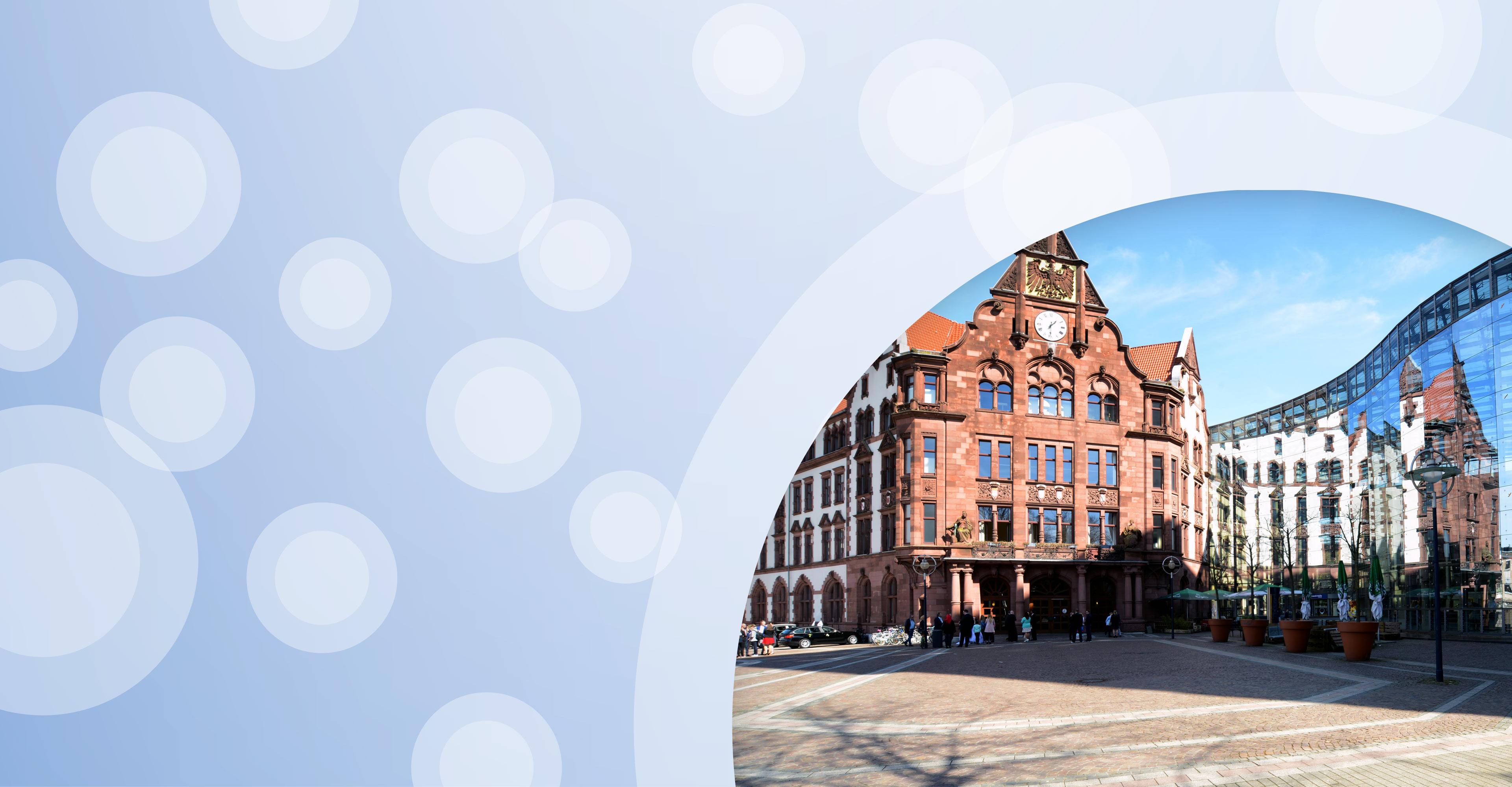 Regionalgrafik in hellblau mit halbtransparenten weißen Kreisen und Foto von Dortmunder alter und neuer Architektur