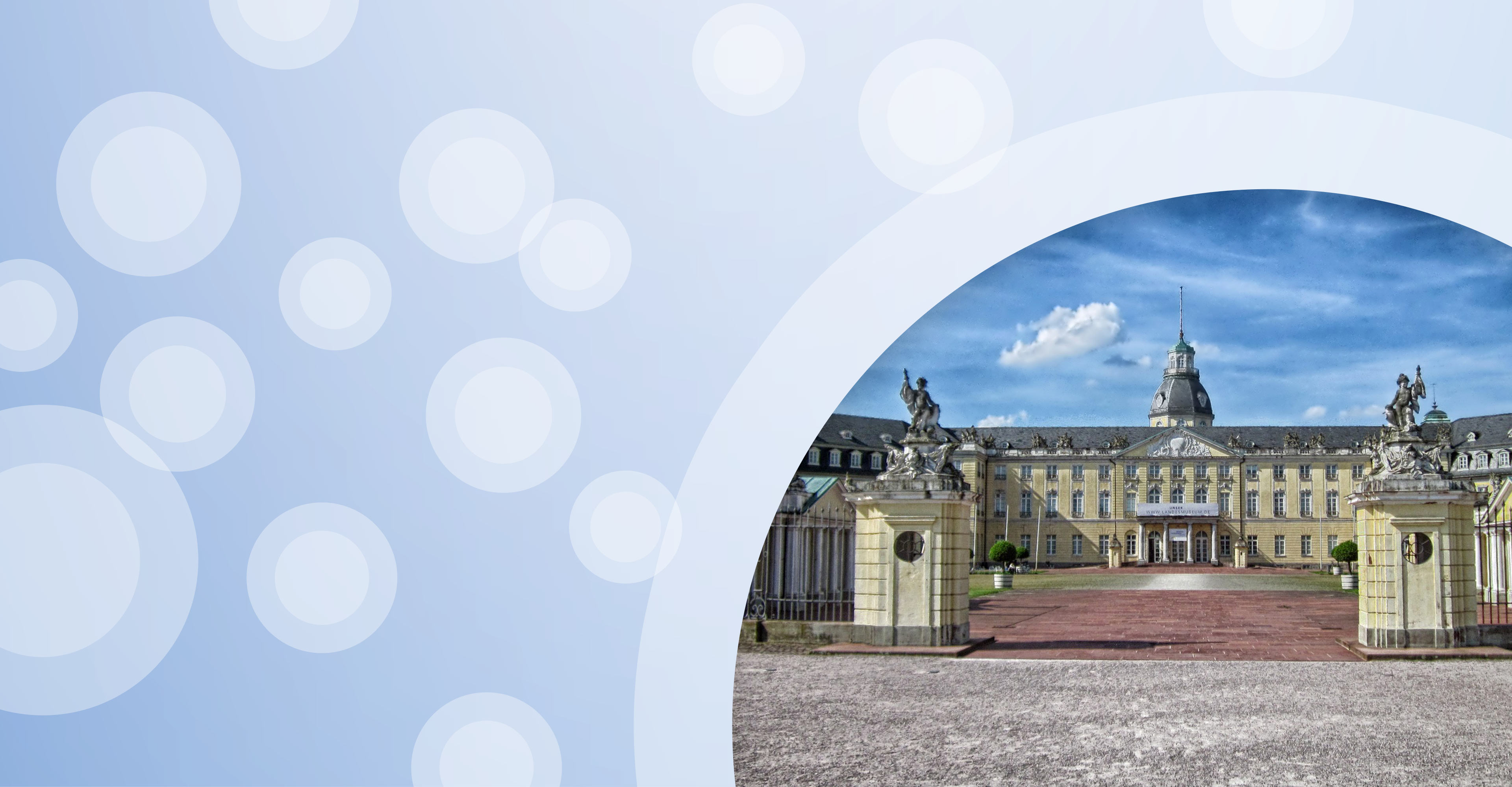 Regionalgrafik in hellblau mit halbtransparenten weißen Kreisen und Foto vom Karlsruher Schloß