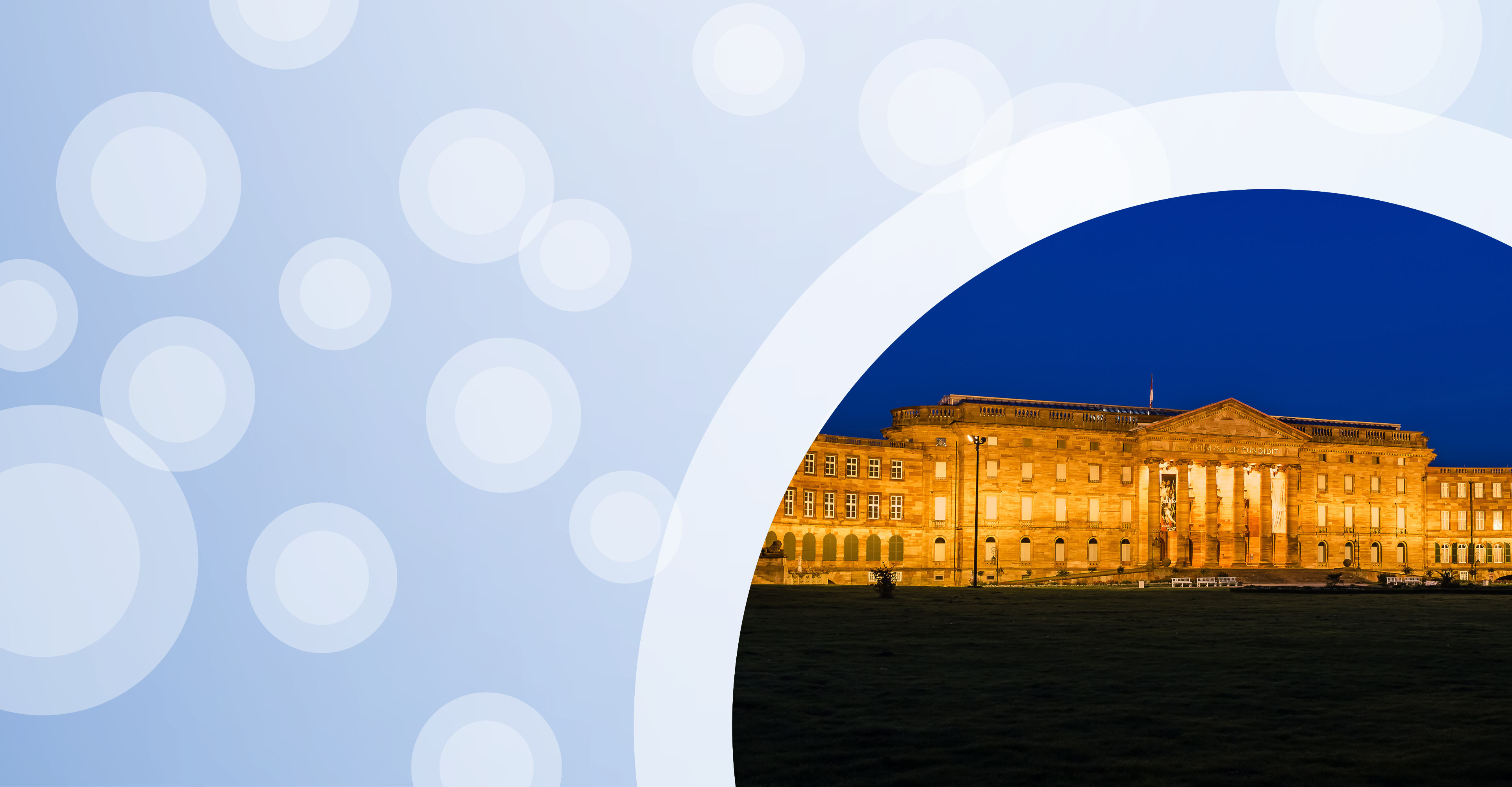 Regionalgrafik in hellblau mit halbtransparenten weißen Kreisen und Foto vom Schloss Wilhelmshöhe in Kassel