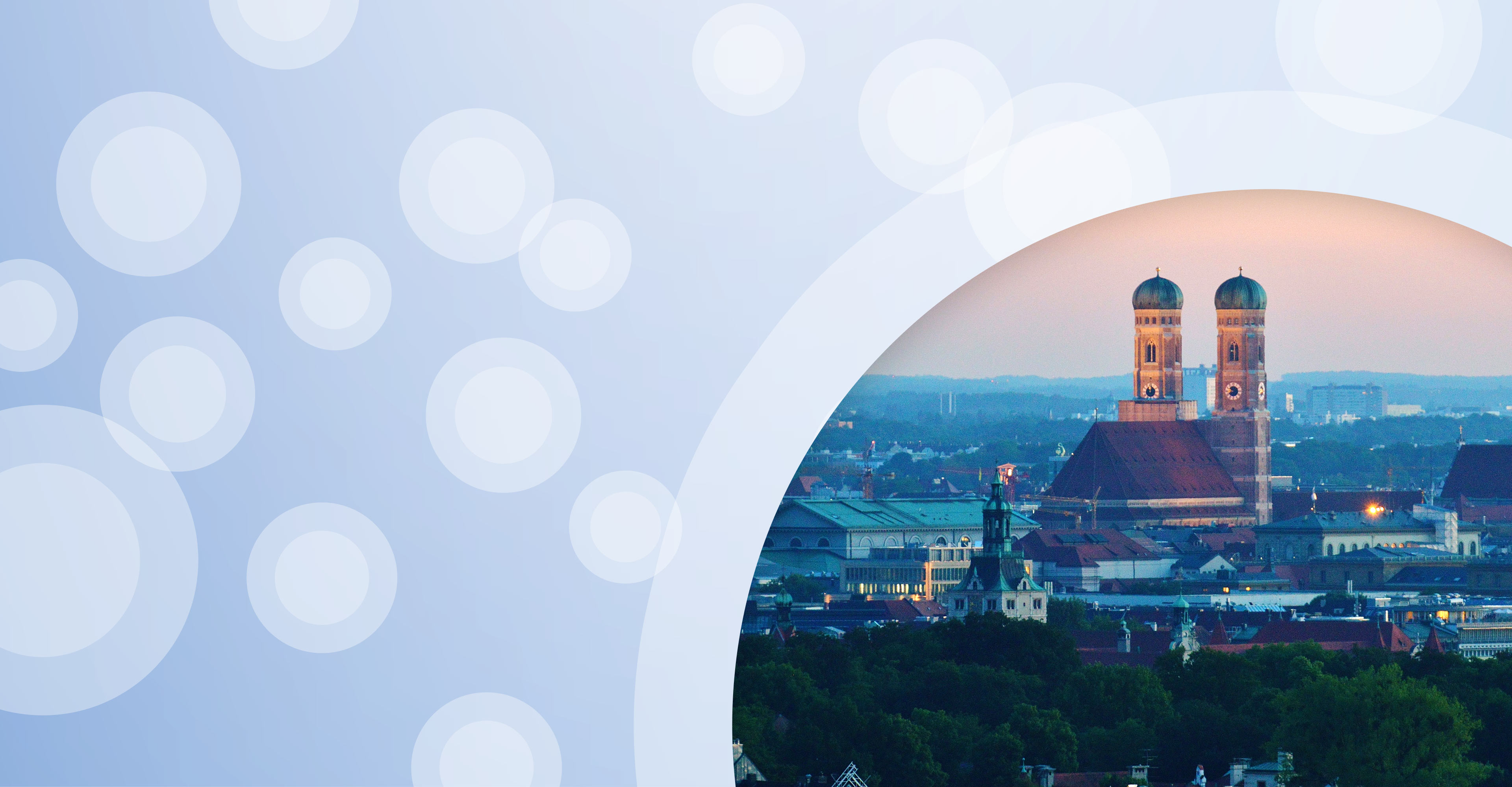 Regionalgrafik in hellblau mit halbtransparenten weißen Kreisen und Foto der Frauenkirche in München