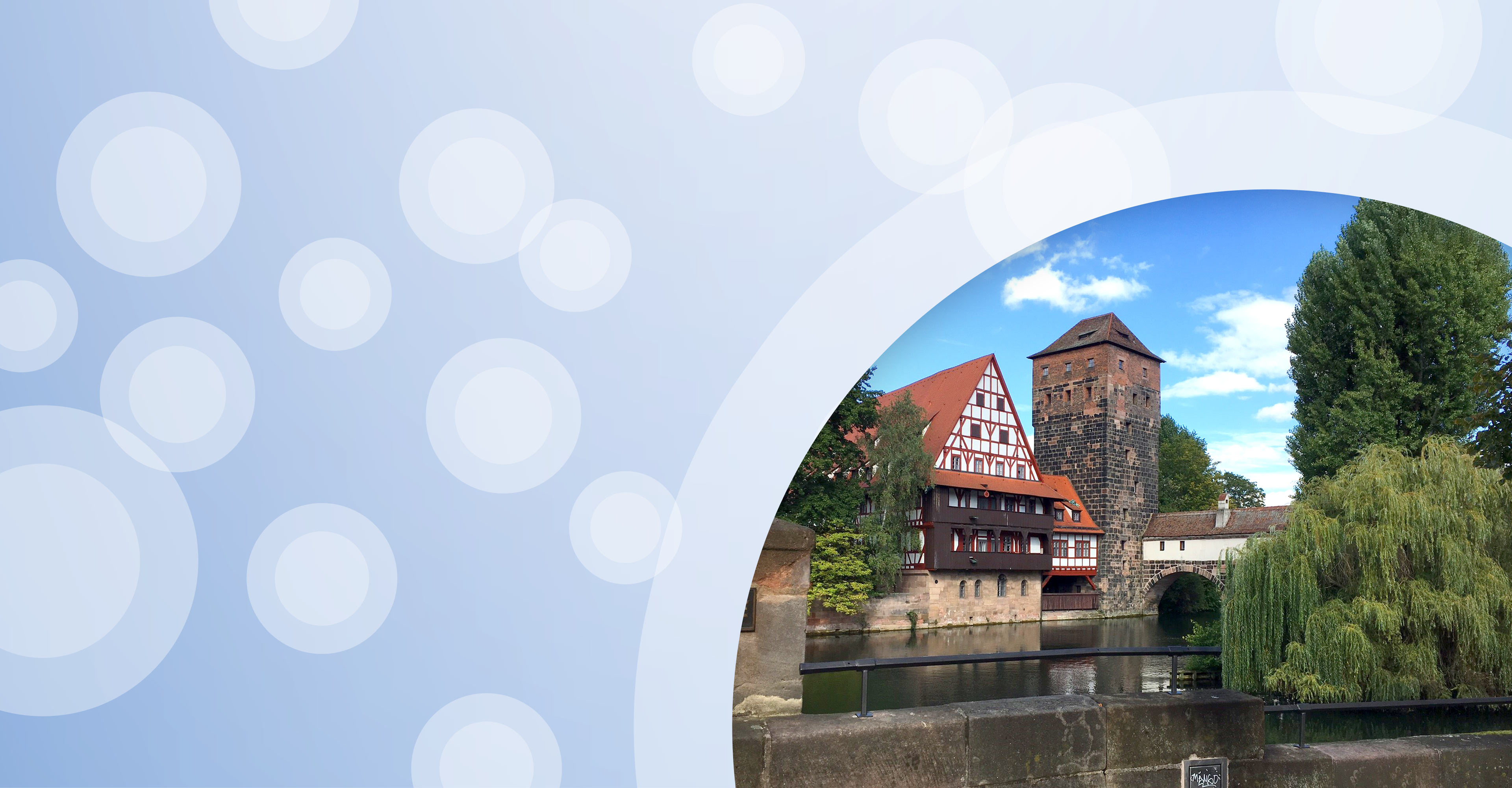 Regionalgrafik in hellblau mit halbtransparenten weißen Kreisen und Foto der Maxbrücke in Nürnberg