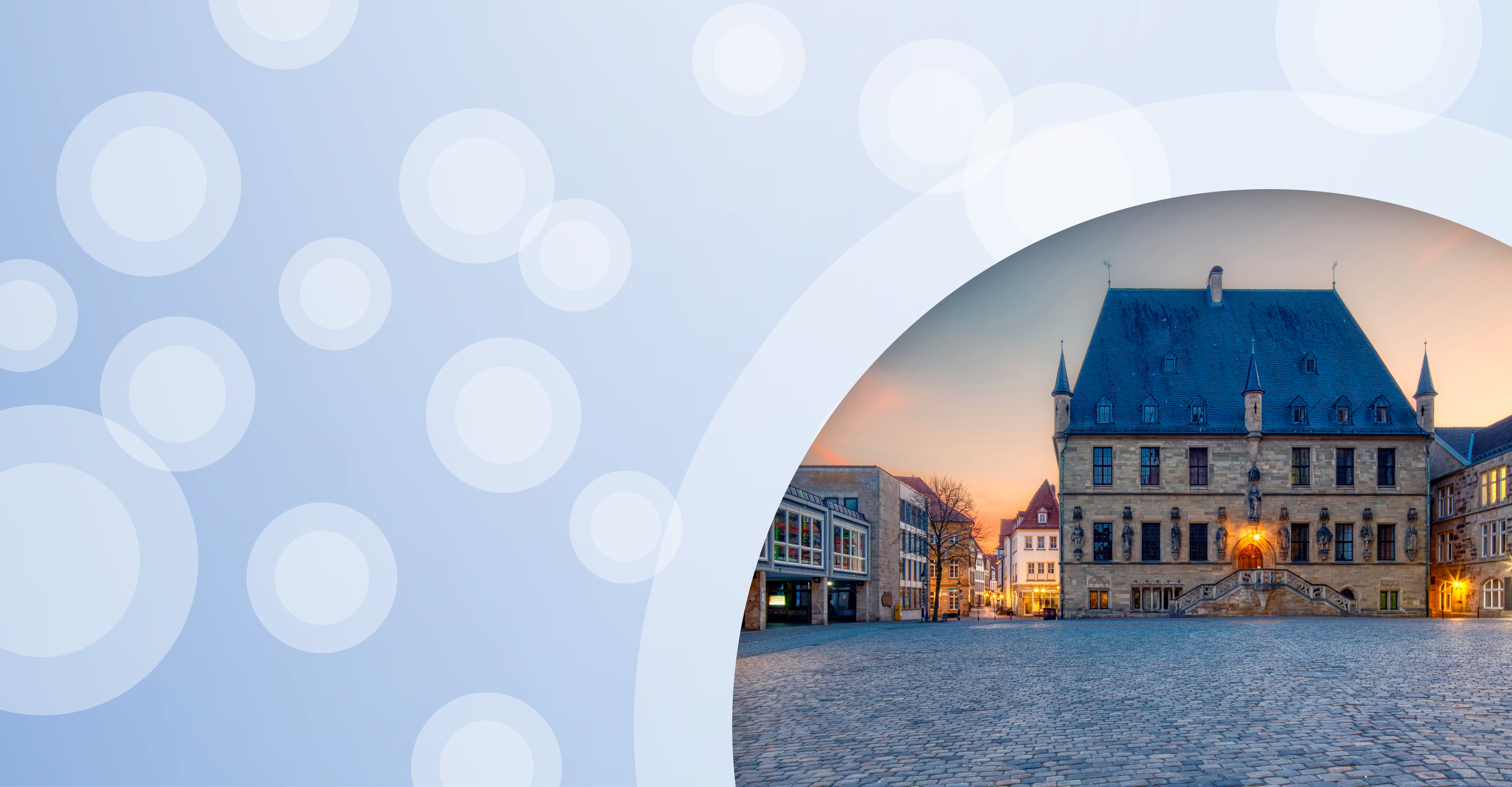 Regionalgrafik in hellblau mit halbtransparenten weißen Kreisen und Foto vom Rathaus in Osnabrück