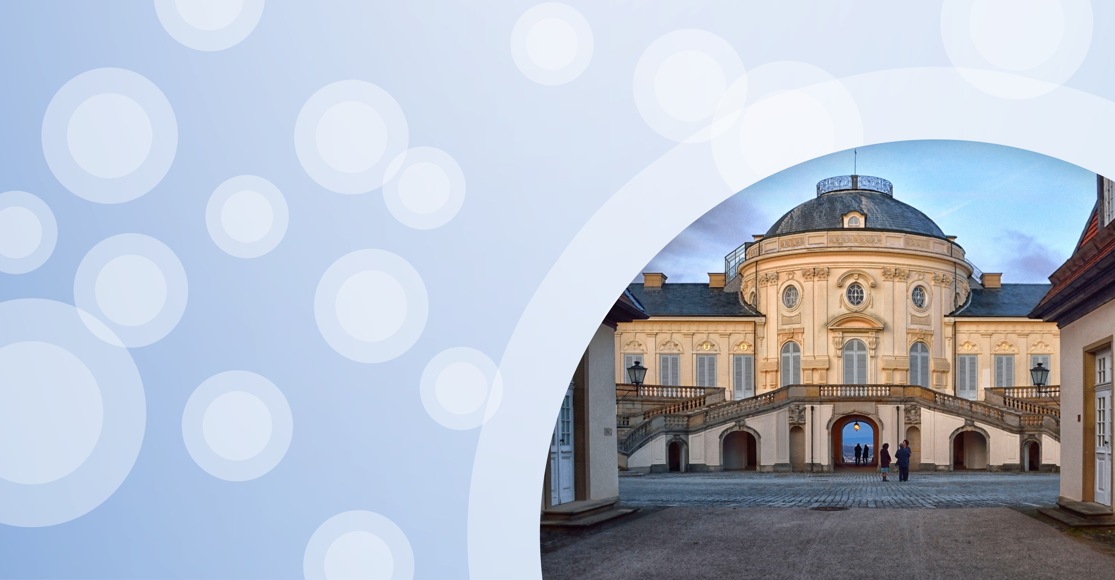 Regionalgrafik in hellblau mit halbtransparenten weißen Kreisen und Foto vom Schloss in Stuttgart