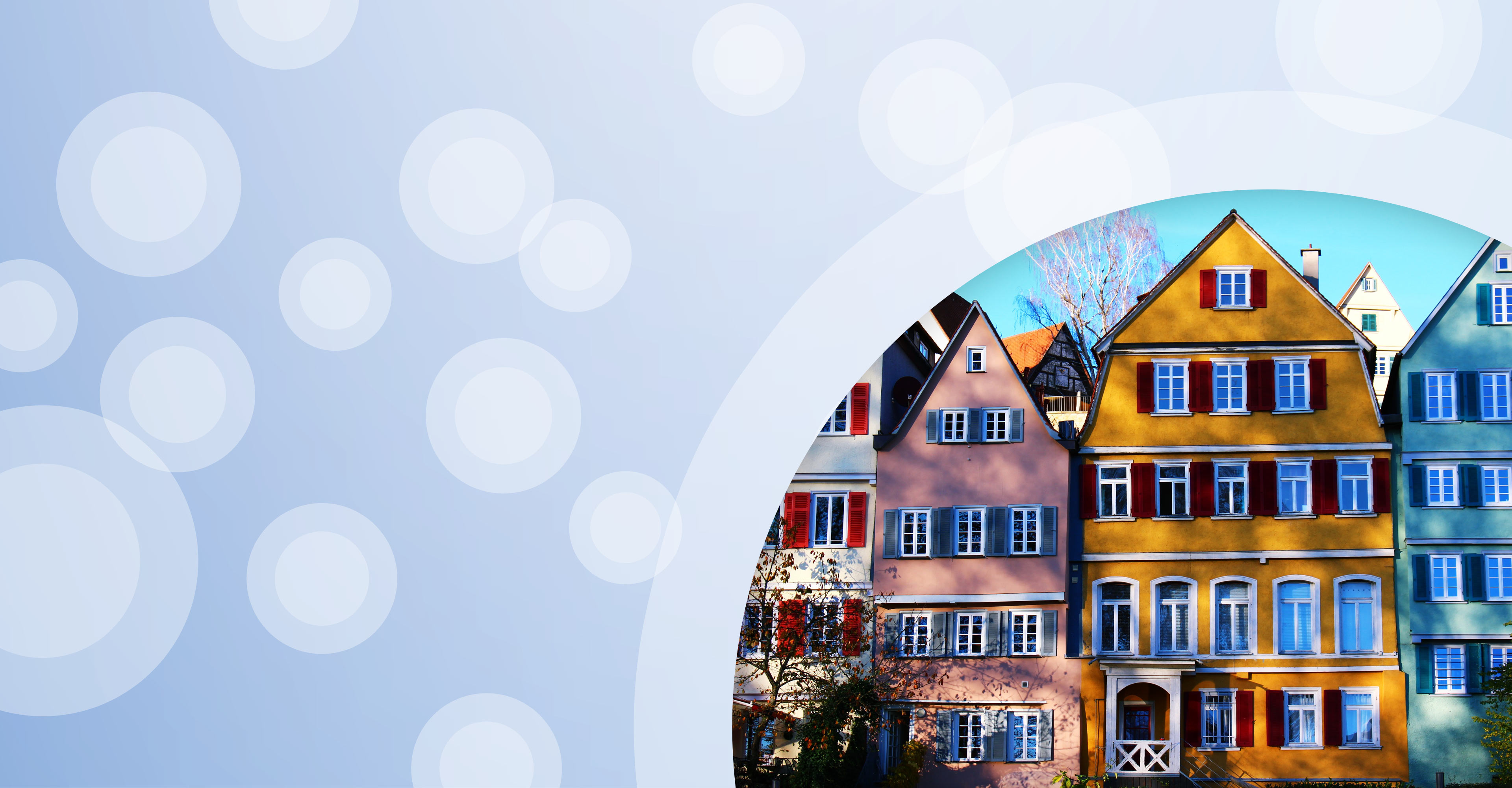 Regionalgrafik in hellblau mit halbtransparenten weißen Kreisen und Foto von bunten Häusern in Tübingen